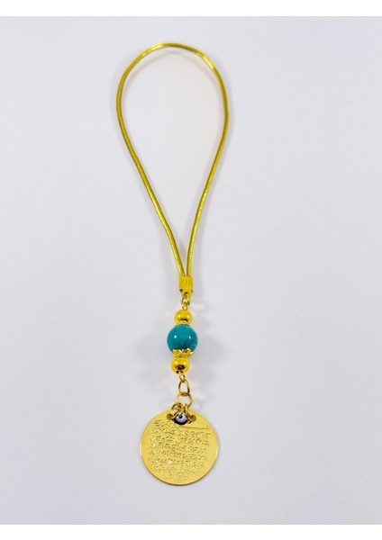 Turkuaz Doğal Taş Boncuklu Metal Ayetel Kürsi Altın Renkli Araba Dikiz Ayna Süsü, Nazar Boncuklu fiyatları