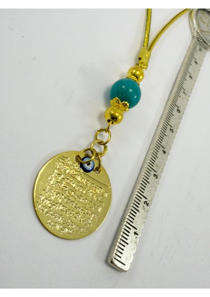 Turkuaz Doğal Taş Boncuklu Metal Ayetel Kürsi Altın Renkli Araba Dikiz Ayna Süsü, Nazar Boncuklu modelleri