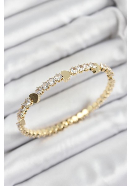 Pirinç Zirkon Taşlı Kalp Model Gold Renk Yaylı Kadın Bileklik