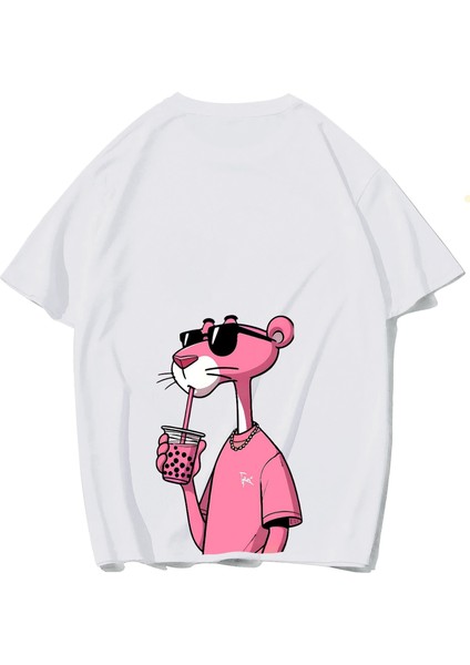 Unisex Oversize Pink Panther Pembe Panter T-Shirt Beyaz