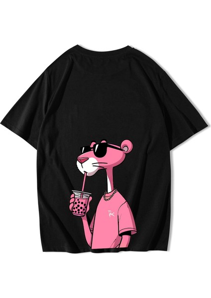 Unisex Oversize Pink Panther Pembe Panter T-Shirt Siyah