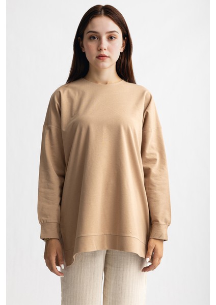 5415 -2 Iplik Ince Rahat, Basic Düz Kadın Uzun Sweatshirt