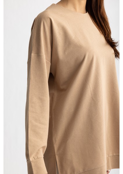 5415 -2 Iplik Ince Rahat, Basic Düz Kadın Uzun Sweatshirt