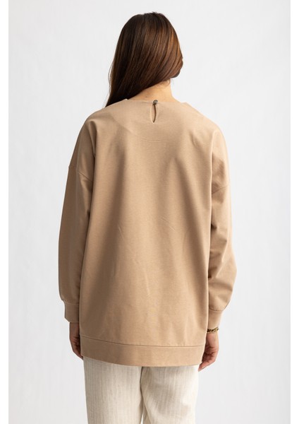 5415 -2 Iplik Ince Rahat, Basic Düz Kadın Uzun Sweatshirt