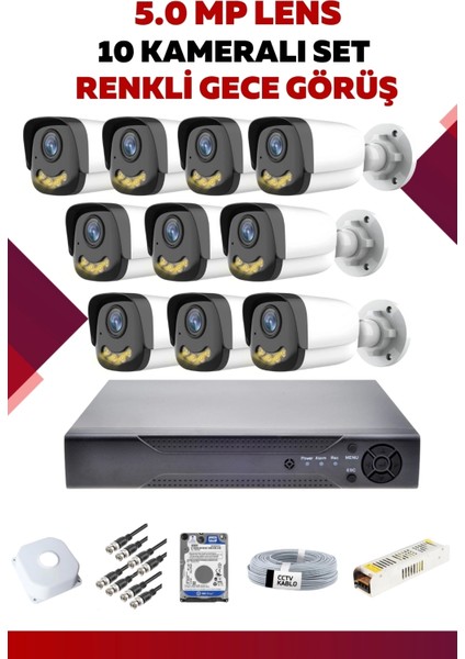 10 Kameralı Set - 5mp Sony Lensli Full Hd Gece Görüşlü Güvenlik Kamerası Sistemi - ZKNMP49SQF
