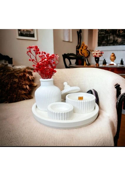 Özel Tasarım Beyaz Renk Kokulu Mum, Biblo ve Vazo Aksesuar Seti