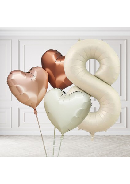 8 Yaş Retro Krem Bej Kahverengi Kalp Balonları Seti Krem Rakamlı Doğum Günü Balonu Şık Parti Süsleme
