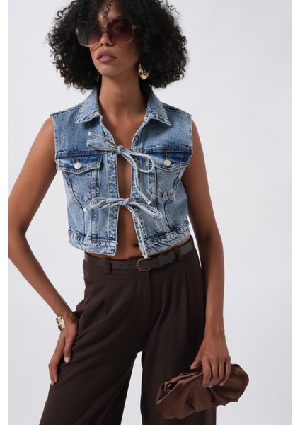 Bağlama Detay Denim Mavi Yelek modelleri