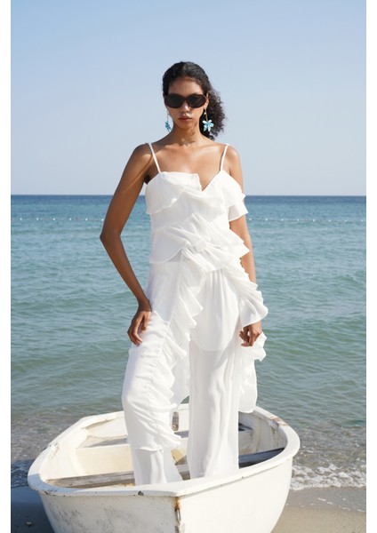 Askılı Fırfır Detay Asimetrik Tül Beyaz Bluz