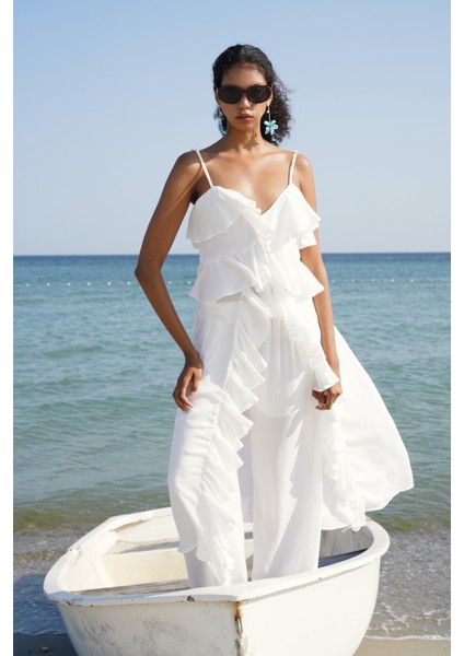 Askılı Fırfır Detay Asimetrik Tül Beyaz Bluz modelleri