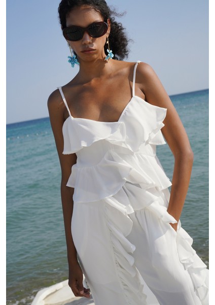 Askılı Fırfır Detay Asimetrik Tül Beyaz Bluz indirimleri