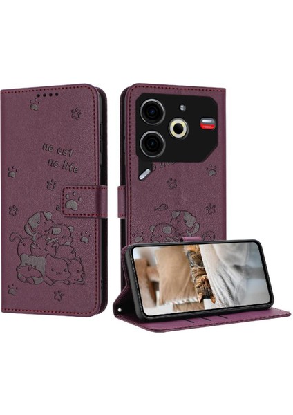 Tecno Pova 6 Neo Sevimli Kedi Pu Deri Kart Tutucu Kickstand Için Flip Case (Yurt Dışından)