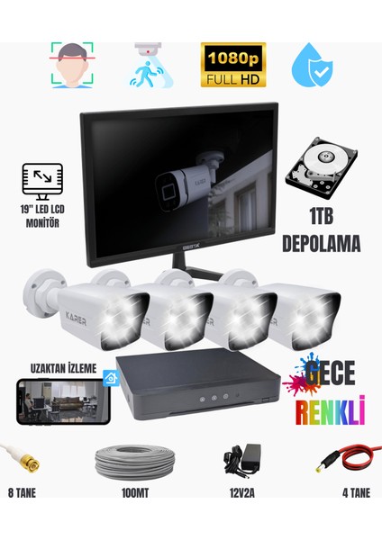 Monitörlü 4'lü Kamera Seti – Exitcam 1080P Fullhd + 1tb HDD + 19'' Ekran Dahil