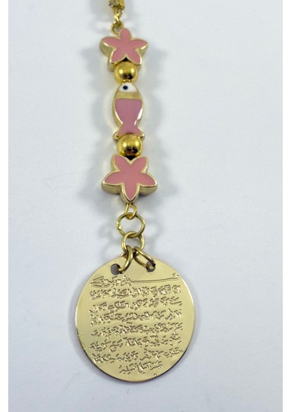 Pembe Lotus Çiçeği Balıklı Metal Ayetel Kürsi Altın Renkli Araba Dikiz Ayna Süsü