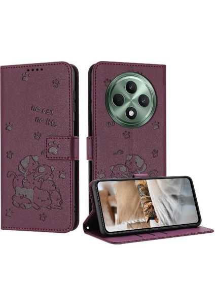 Oppo RENO12 F Sevimli Kedi Pu Deri Kart Tutucu Kickstand Için Flip Case (Yurt Dışından)