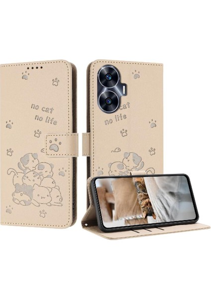 Realme C55 Sevimli Kedi Kart Tutucu Kickstand Pu Deri Için Flip Case (Yurt Dışından)