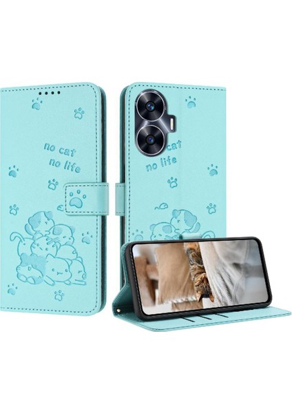 Realme C55 Sevimli Kedi Kart Tutucu Kickstand Pu Deri Için Flip Case (Yurt Dışından)