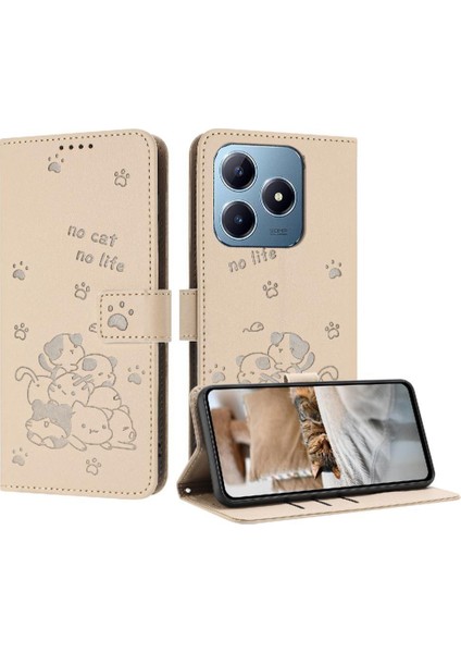 Realme C61 Deri Cüzdan Için Flip Case Sevimli Kedi Kart Tutucu Kickstand Pu (Yurt Dışından)