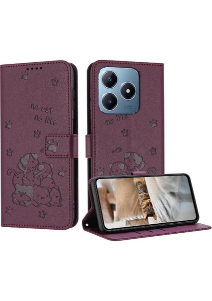 Realme C61 Deri Cüzdan Için Flip Case Sevimli Kedi Kart Tutucu Kickstand Pu (Yurt Dışından)