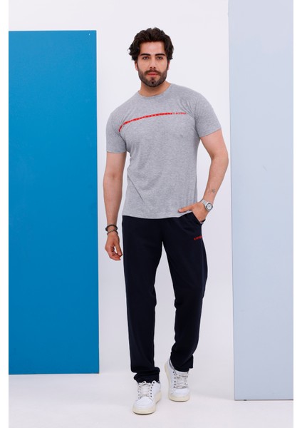 Erkek Battal Beden Amerikan Pike Kumaş Gri Bisiklet Yaka T-Shirt Alt-Üst Takımı - 133