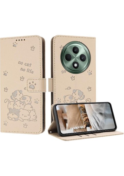 Oppo RENO12 F Sevimli Kedi Pu Deri Kart Tutucu Kickstand Için Flip Case (Yurt Dışından)