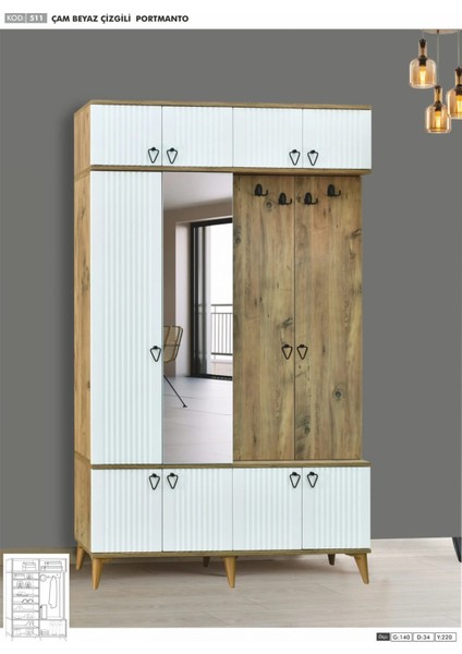 3 Kapılı Aynalı Çam/beyaz Çizgili Portmanto