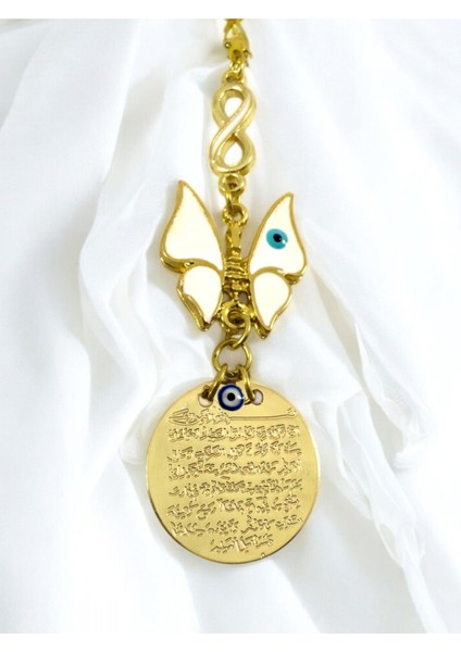 Mineli Beyaz Kelebek Metal Ayetel Kürsi Altın Renkli Araba Dikiz Ayna Süsü