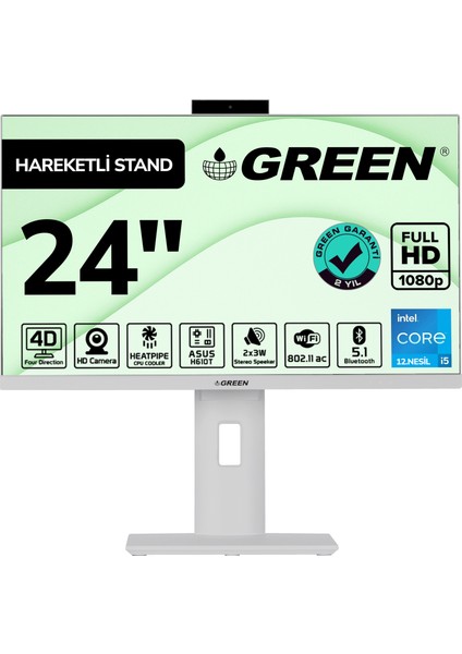 GT24 Intel Core i5 12400 İşlemci 16GB DDR4 Ram 512Gb M2 Ssd 24" Fhd Freedos Beyaz All In One Bilgisayar