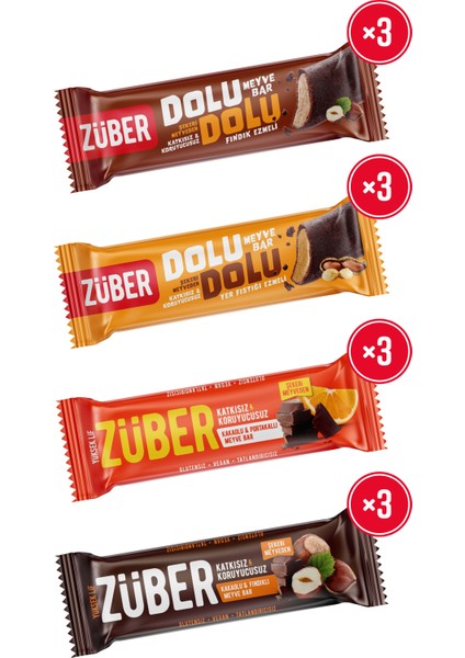 Mix Meyve Bar Paketi x 12 Adet (Dolu Dolu Fındıklı ve Fıstıklı Meyve Bar 30 gr, Portakallı ve Fındıklı Meyve Bar 40 gr)