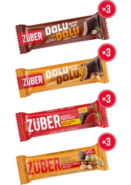 Meyve Bar Rüyası x 12 Adet (Dolu Dolu Fındıklı ve Fıstıklı Meyve Bar 30 gr, Çilekli ve Yer Fıstıklı Meyve Bar 40 gr)