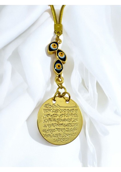 Lacivert Salkım Nazar Boncuklu Metal Ayetel Kürsi Altın Renkli Araba Dikiz Ayna Süsü