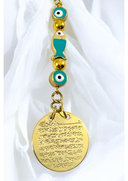 Turkuaz Nazar Boncuklu Balık Metal Ayetel Kürsi Altın Renkli Araba Dikiz Ayna Süsü