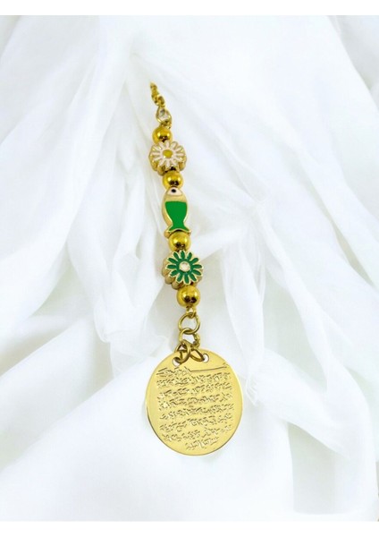 Papatya Yeşil Balık Metal Ayetel Kürsi Altın Renkli Araba Dikiz Ayna Süsü