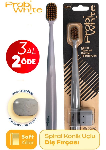 Probiwhite Spiral Uçlu Diş Fırçası (Gri) + Özel Tasarım Taş Stant