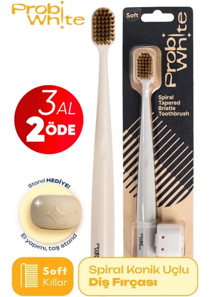 Probiwhite Spiral Uçlu Diş Fırçası (Ekru) + Özel Tasarım Taş Stant