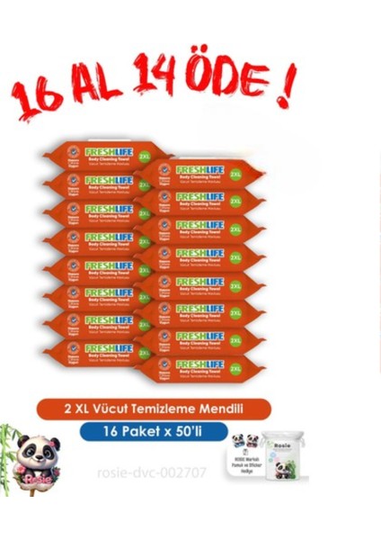 16 Al 14 Öde 2 Xl Vücut Temizleme Havlusu 50'li