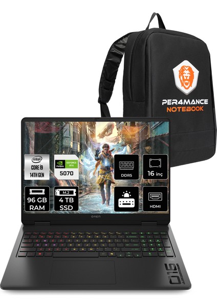 Omen 16 Intel Core I9 14900HX 96GB 4tb SSD RTX5070/8GB 16" Fhd+ 165Hz Fdos Taşınabilir Bilgisayar & Per4 Çanta BQ3Q6EAPN340
