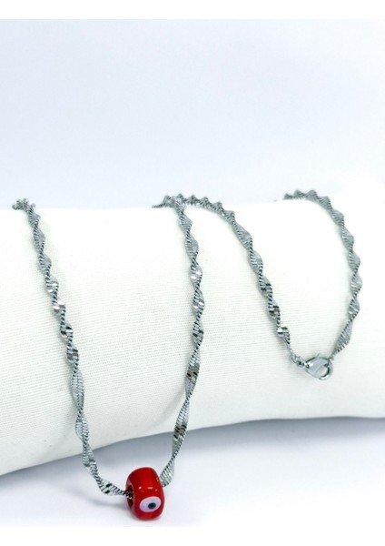 El Yapımı Kırmızı Cam Nazar Boncuklu Gümüş Renk Çelik Burmalı Kolye