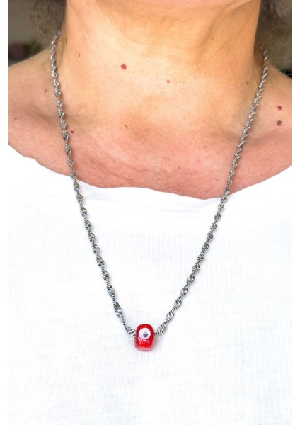 El Yapımı Kırmızı Cam Nazar Boncuklu Gümüş Renk Çelik Burmalı Kolye fiyatları