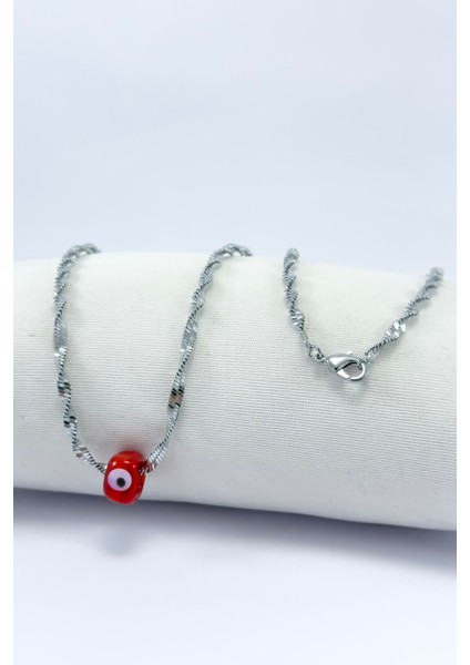 El Yapımı Kırmızı Cam Nazar Boncuklu Gümüş Renk Çelik Burmalı Kolye modelleri