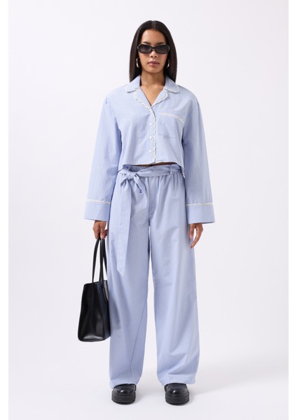 Çizgili Cep Detay Crop Mavi Gömlek fiyatları