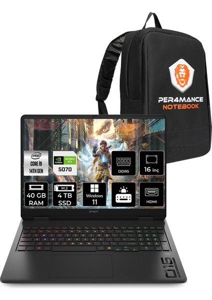 Omen 16 Intel Core I9 14900HX 40GB 4tb SSD RTX5070/8GB 16" Fhd+ 165Hz W11P Taşınabilir Bilgisayar & Per4 Çanta BQ3Q6EAPN405