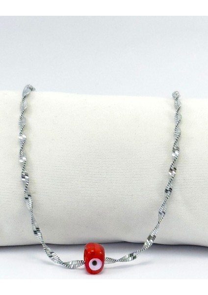 El Yapımı Kırmızı Cam Nazar Boncuklu Gümüş Renk Çelik Burmalı Kolye indirimleri