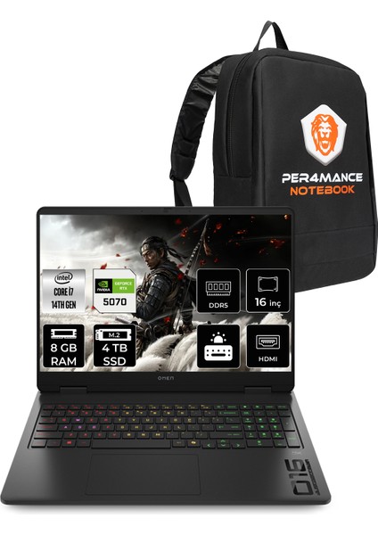 Omen 16 Intel Core I7 14650HX 8gb 4tb SSD RTX5070/8GB 16" Fhd+ 165Hz Fdos Taşınabilir Bilgisayar & Per4 Çanta BQ3U1EAPN305