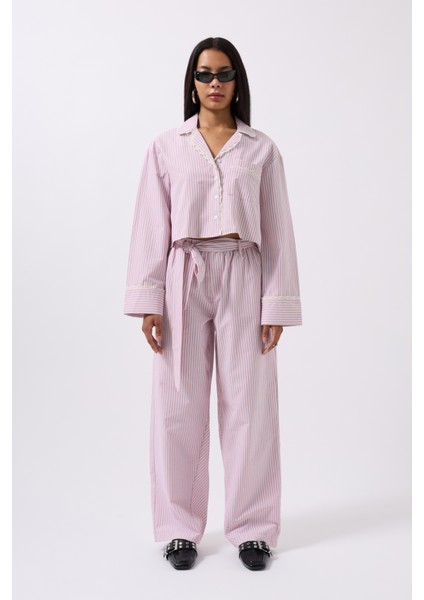 Çizgili Cep Detay Crop Pembe Gömlek fiyatları