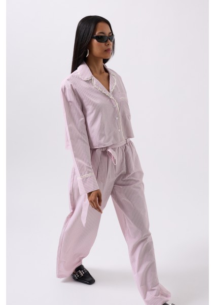 Çizgili Cep Detay Crop Pembe Gömlek modelleri