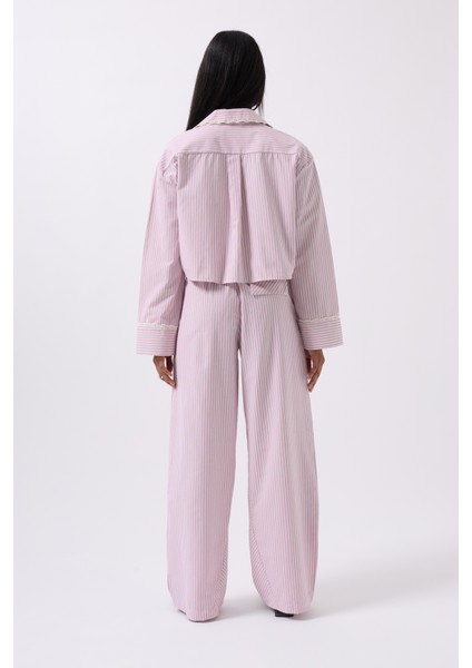 Çizgili Cep Detay Crop Pembe Gömlek indirimleri