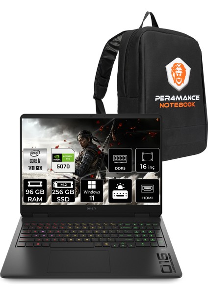 Omen 16 Intel Core I7 14650HX 96GB 256GB SSD RTX5070/8GB 16" Fhd+ 165Hz W11P Taşınabilir Bilgisayar & Per4 Çanta BQ3U1EAPN416