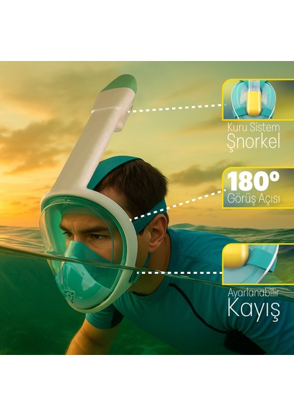 Tam Yüz Şnorkel Dalış Maskesi, 180° Panoramik Görüntüleme Anti-Sis, Anti-Sızıntı Çantalı Yeşil