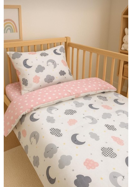 Pamuk Bebek/çocuk Yastık Çarşaf Yorgan Seti Pembe Bulut Yıldızlı